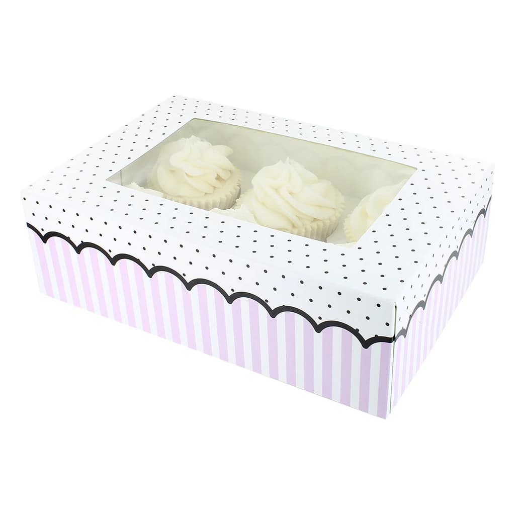 6/12 Cupcake Box – Pink Spots and Stripes – 20 pc (dual insert)